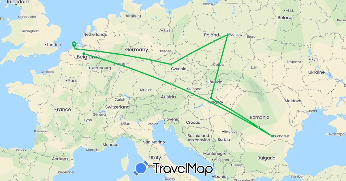 TravelMap itinerary: driving, bus in Belgium, Czech Republic, Hungary, Poland, Romania (Europe)