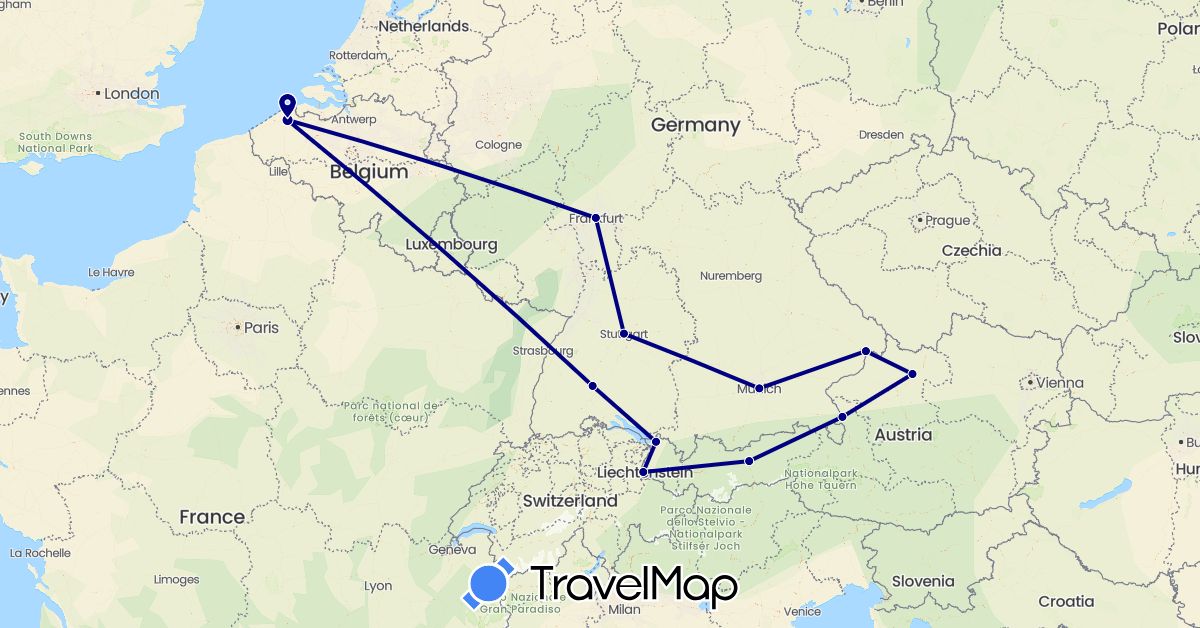 TravelMap itinerary: driving in Austria, Belgium, Germany, Liechtenstein (Europe)