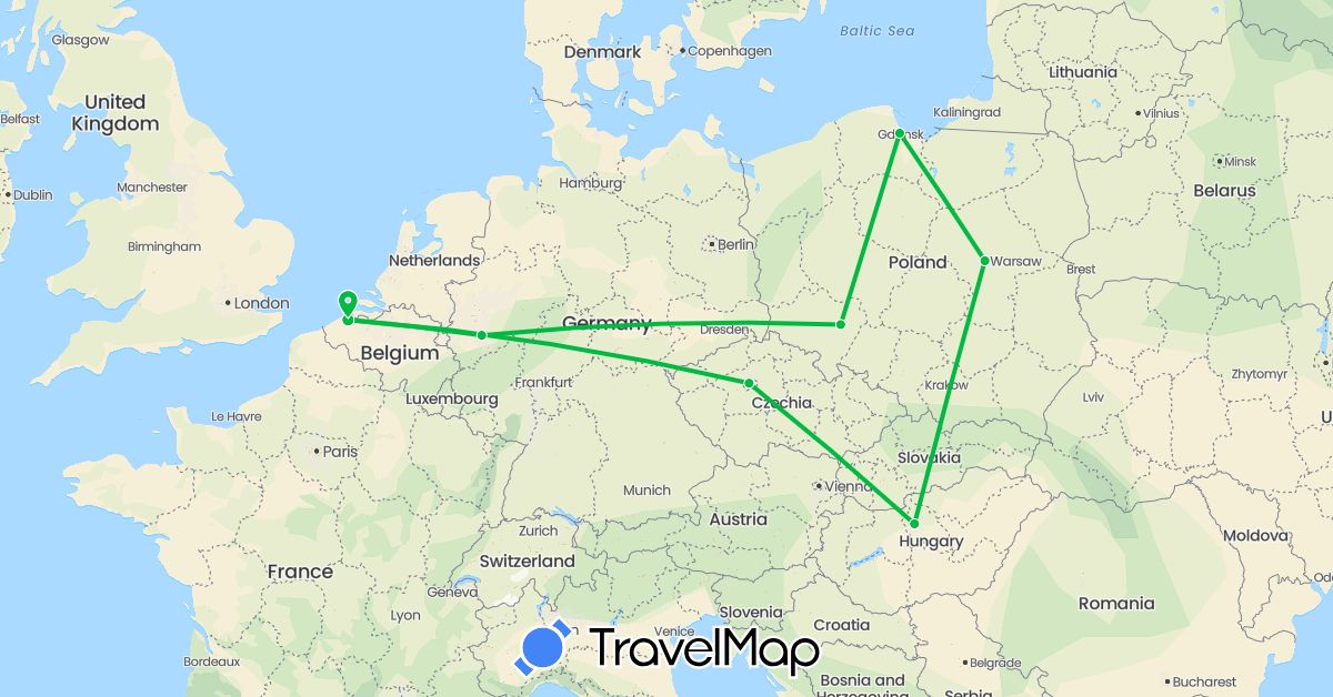 TravelMap itinerary: driving, bus in Belgium, Czech Republic, Germany, Hungary, Poland (Europe)